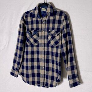 Vintage St. John’s Bay Virgin Wool Navy Tan Plaid Button Up Shirt M